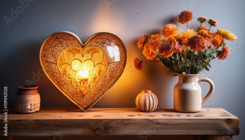 Generated image Warm heart-shaped lamp illuminating cozy room with flower decor on rustic wooden shelf 