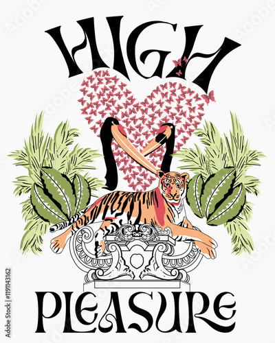 estampado de aves con tigre y mariposas sobre fondo blanco