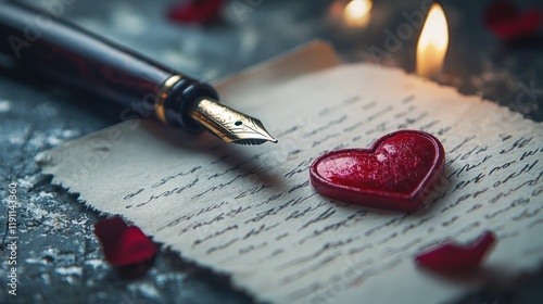 Romantic Handwritten Letter with Fountain Pen and Red Wax Seal Heart