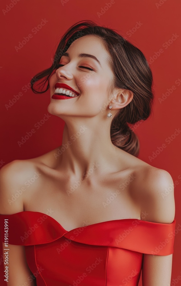 A woman wearing a red off-the-shoulder evening dress, simple background