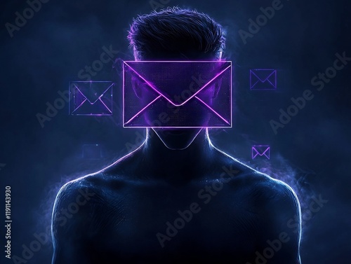 Futuristic digital art depicting the concept of transnational communication and data exchange featuring a minimalist human silhouette envelope symbol and various interface icons in a dark photo