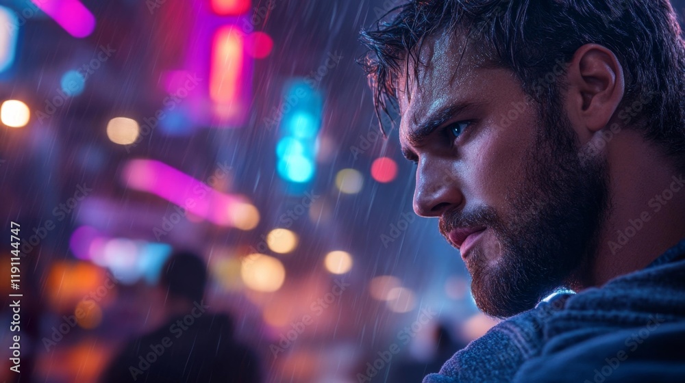 Urban Man Amid Neon Lights. Generative AI Urban Man Amid Neon Lights. Generative AI