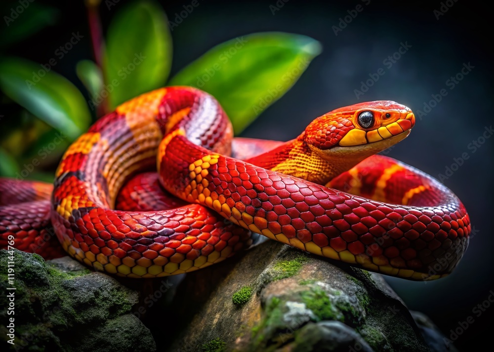 Fototapeta premium Vibrant Red and Yellow Snake on Rock at Night - Nature Wildlife Stock Photo