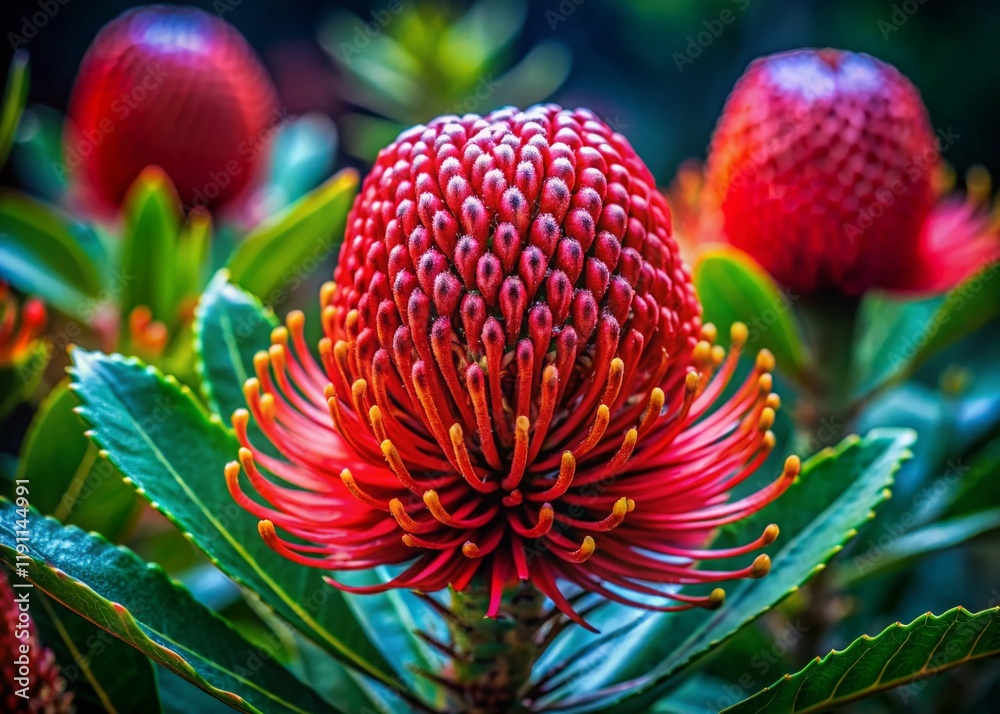 Fototapeta premium Vibrant Red Banksia Flower Close-Up with Lush Green Foliage - Australian Native Flora