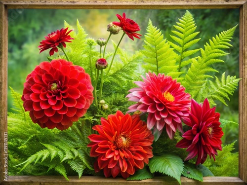 Vibrant Red Dahlia Bouquet with Woodland Ferns & White Achillea in a Rustic Green Frame photo