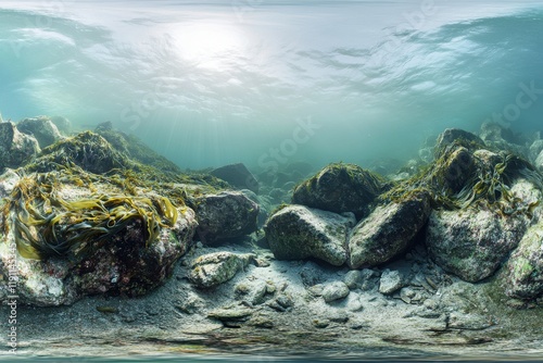 Highresolution DSLR photo of seaweedcovered rocky seabed panorama