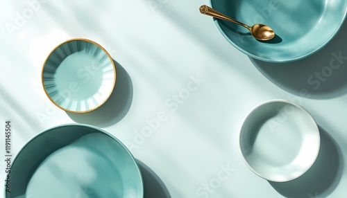Serene Aqua Tableware: Minimalist Teal Dishes and Golden Spoon