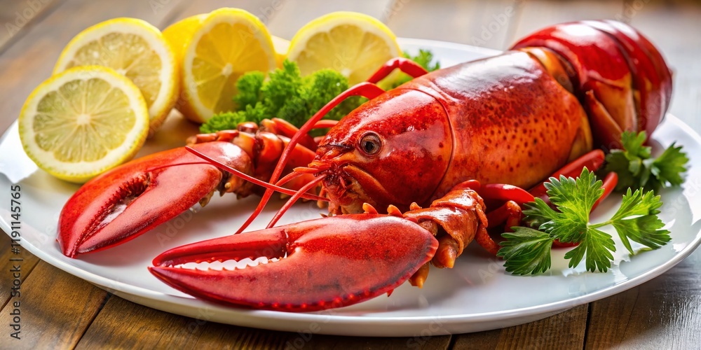 Vibrant Red Lobster with Lemon Slices - Gourmet Seafood Dish Vibrant Red Lobster with Lemon Slices - Gourmet Seafood Dish