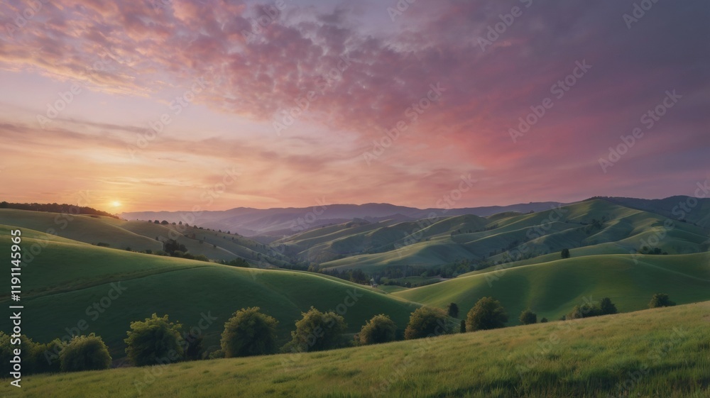 Fototapeta premium A Serene Landscape of Gentle Rolling Hills Bathed in Soft Pastel Colors at Sunset, Capturing the Tranquility and Beauty of Nature