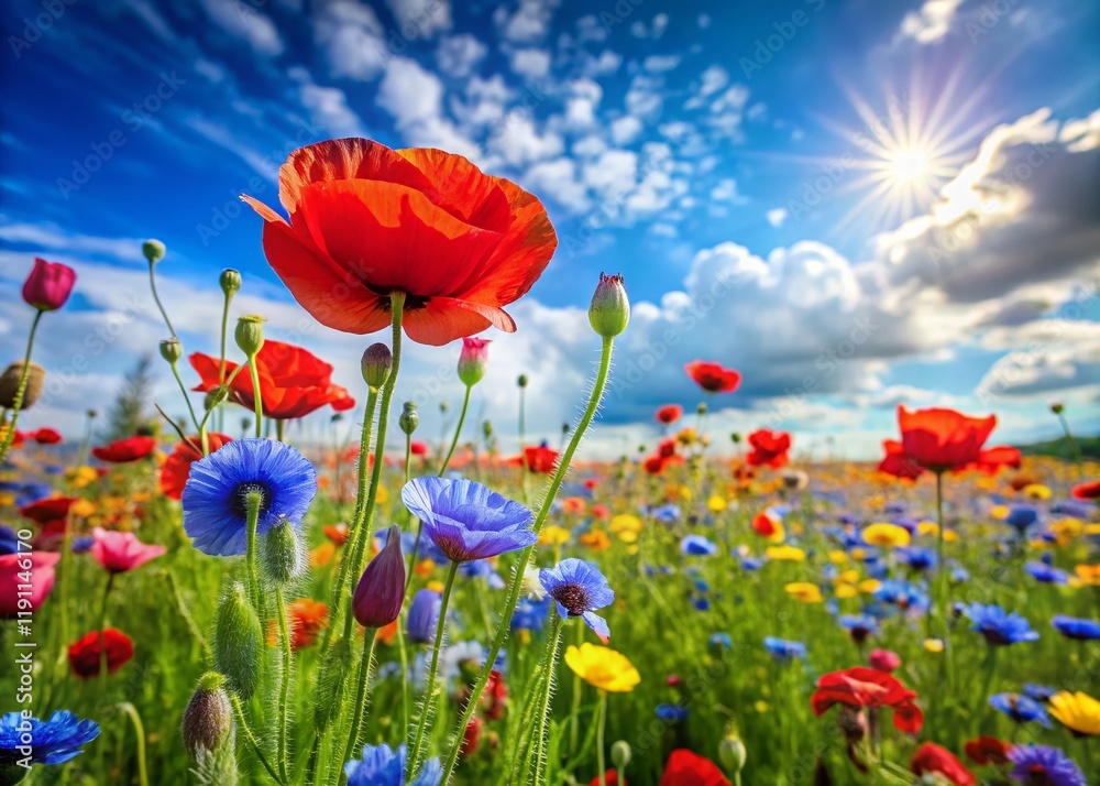Fototapeta premium Vibrant Red Poppies & Spring Wildflowers, Sunny Blue Sky - High-Resolution Stock Photo
