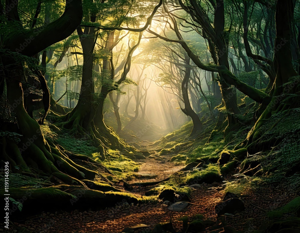 Obraz premium A magical forest scene with a sunlit path, twisting trees, lush moss, and golden light streaming through the canopy.