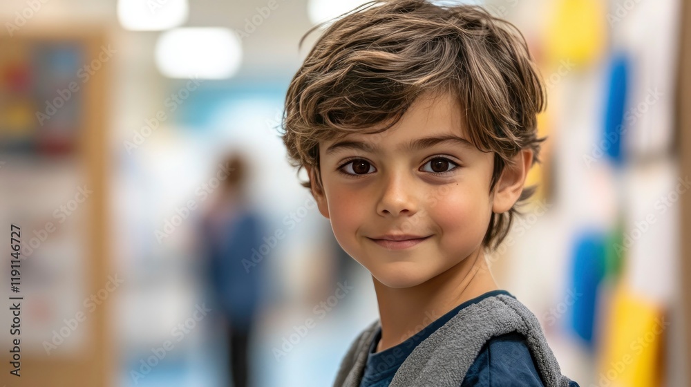 Portrait of a Smiling Schoolboy in a School Corridor Portrait of a Smiling Schoolboy in a School Corridor