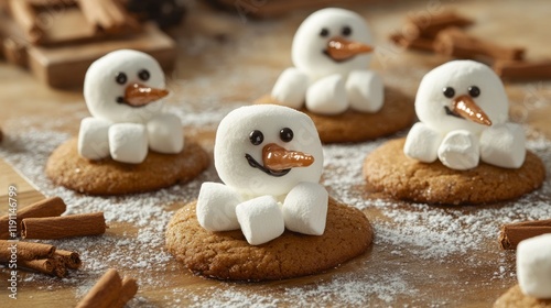 Festive marshmallow snowman cookies, holiday baking, kitchen table, cinnamon