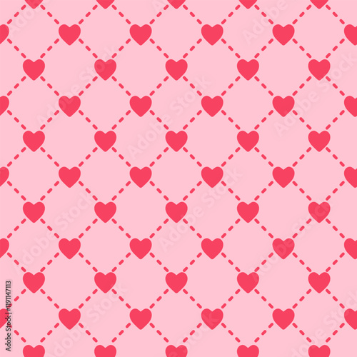 Seamless vector grid pattern with pink hearts for valentine's day
