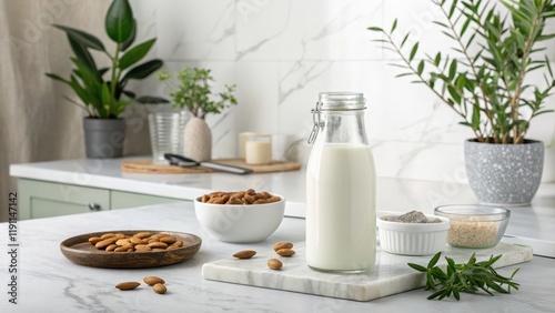 Alternative concepts for plant based milk. Fresh Milk in a Sleek Glass Jar on a Marble Countertop Surrounded by Natural Ingredients and Plants. photo