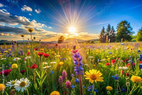 Vibrant Spring Meadow - Sunlit Wildflowers and Lush Green Grass