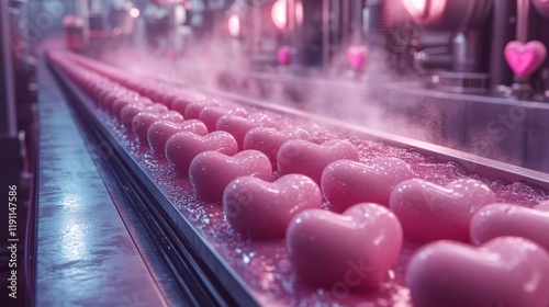 Whimsical Factory of Pink Heart Candies. Generative AI photo