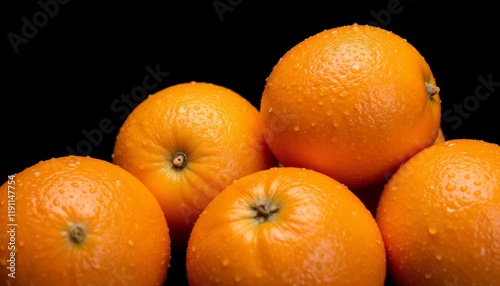 Five oranges with water droplets on a black background photo