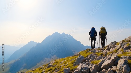 Two hikers trekking on rocky terrain with mountains in the background under a clear sky.