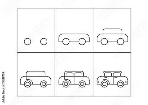 Cute car. Step by step drawing. Coloring page, coloring book page. Black and white vector illustration.