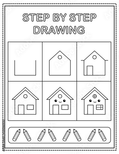 Cute house. Book page, drawing step by step. Black and white vector coloring page.