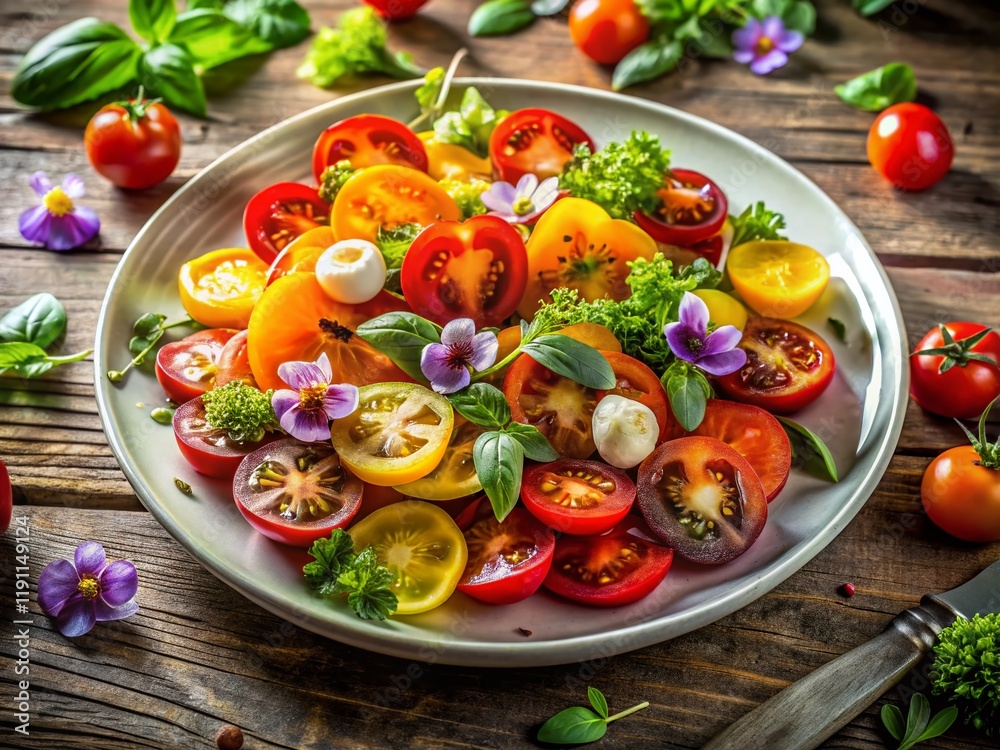 Vibrant Tomato Salad with Edible Pansies & Herbs - Summer Food Photography Vibrant Tomato Salad with Edible Pansies & Herbs - Summer Food Photography