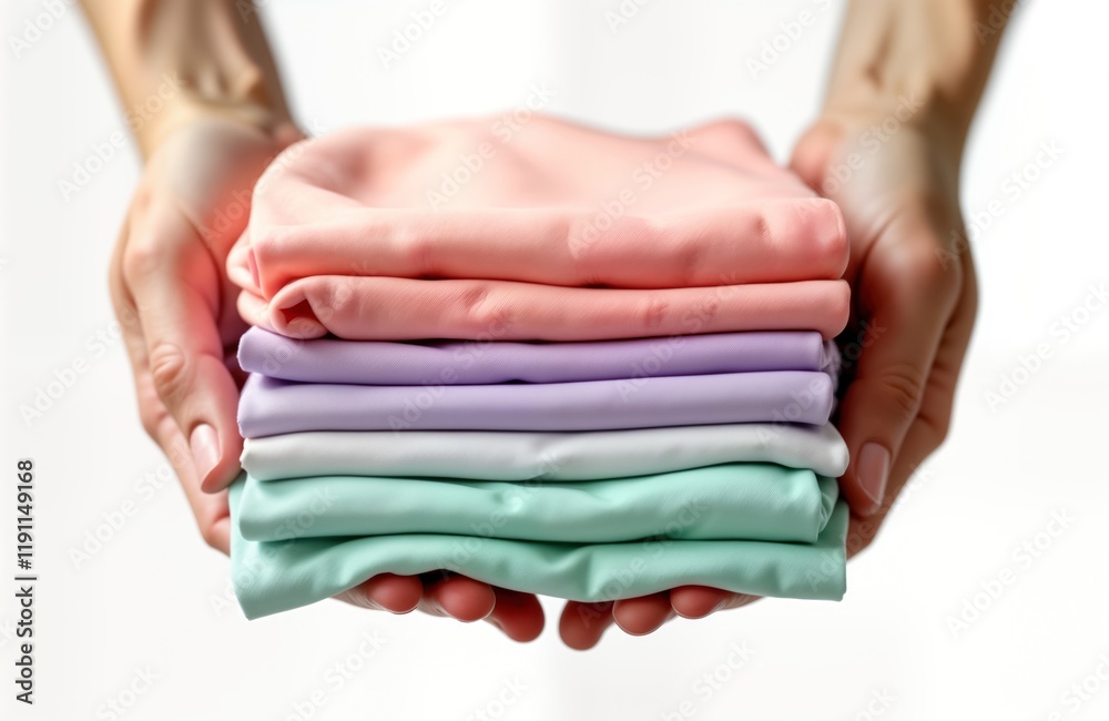 Fototapeta premium Female hands hold colorful fabric pile. Different pastel shades of clothes like shirts neatly stacked. Colorful trendy textile in hands. Stylish clothes collection. Stylish, vibrant colors. Modern