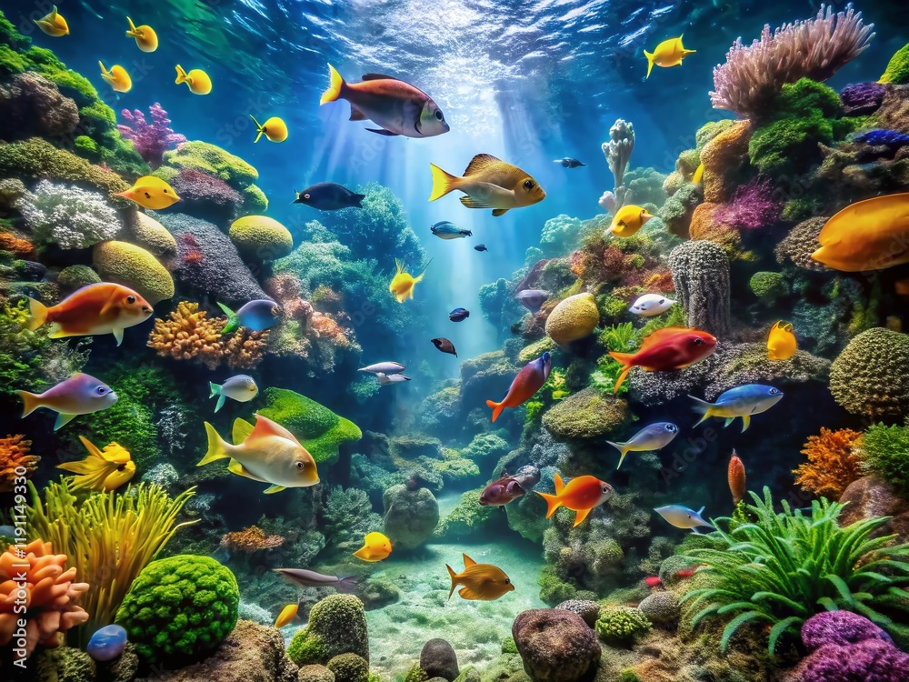 Naklejka premium Vibrant Tropical Fish Swimming in a Lush Aquarium Landscape