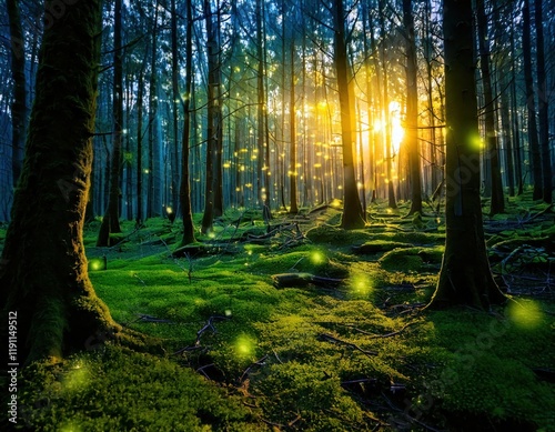 An enchanting forest scene with glowing fireflies, lush green moss, tall trees, and warm sunlight streaming through the woods. photo