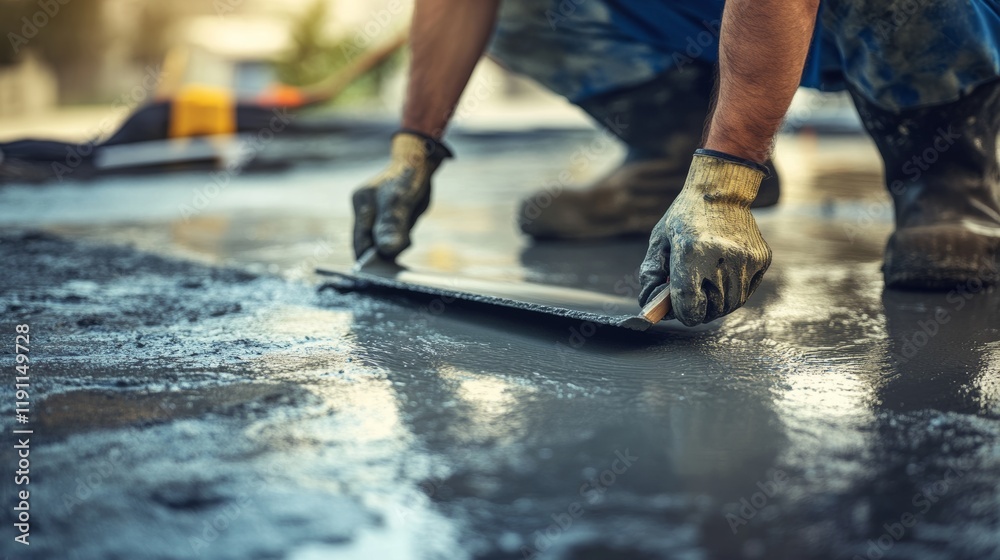 A close-up of a concrete finisher smoothing wet concrete with a trowel, with construction tools and materials visible, Concrete finishing scene A close-up of a concrete finisher smoothing wet concrete with a trowel, with construction tools and materials visible, Concrete finishing scene