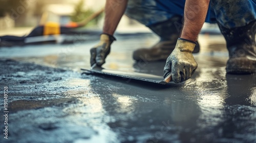 A close-up of a concrete finisher smoothing wet concrete with a trowel, with construction tools and materials visible, Concrete finishing scene photo