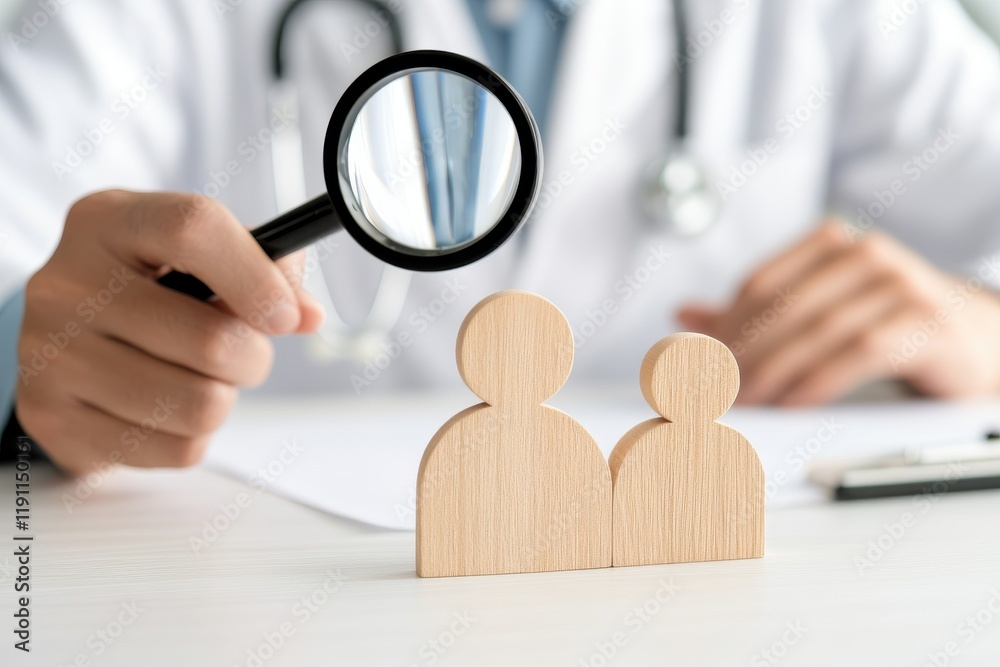 Fototapeta premium Wooden Figures Under Examination by Doctor with Magnifying Glass