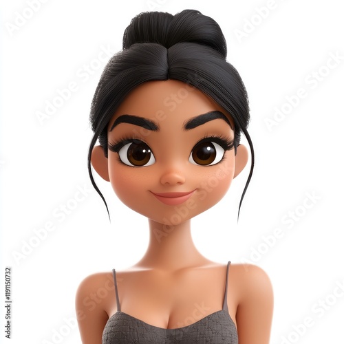 3D memoji representation of a Latina woman with high ponytail and smirking expression on a white background
