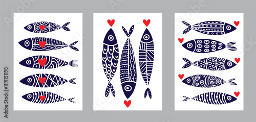 Interior poster with sardines and hearts. Cute set. Vector illustration