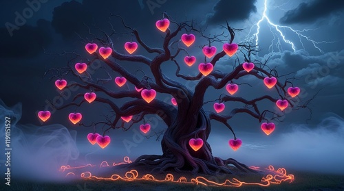 A dark, leafless tree with glowing heart-shaped fruits in deep magenta and fiery orange, against a stormy sky photo