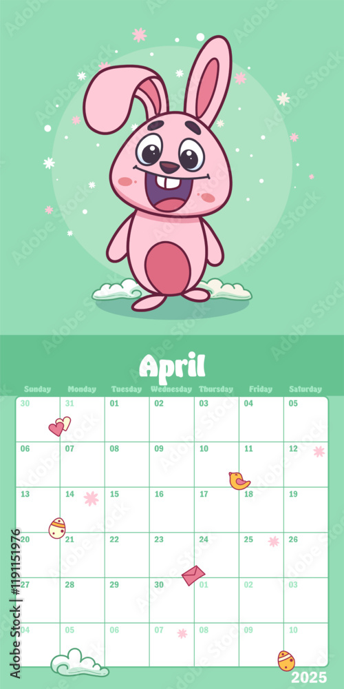 April calendar page with a cute easter bunny mascot April calendar page with a cute easter bunny mascot