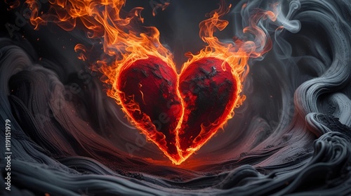 A fiery heart burning with deep red and orange flames, set against a charcoal and ash-filled background. photo