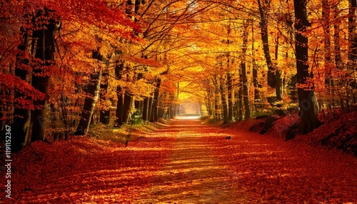 Scenic autumn pathway in a forest, surrounded by vibrant orange and red foliage, with sunlight filtering through colorful trees.