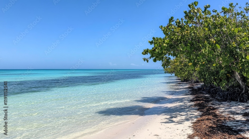 Serene Beach Scene with Turquoise Water and Lush Mangrove Trees Serene Beach Scene with Turquoise Water and Lush Mangrove Trees