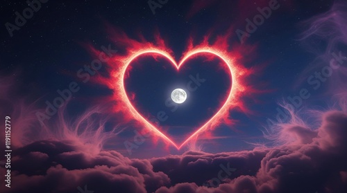 a glowing heart-shaped lunar eclipse in a night sky, surrounded by a blood-red aura