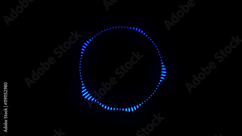 Blue glowing sound waves on black. Circle sound waveform visualization. Radial audio waves, music equalizer, and playback. Voice and speed recording and recognition, audio spectrum.
