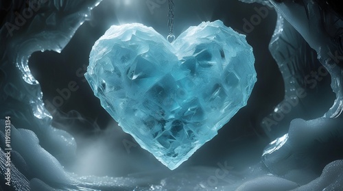 A frozen, crystalline heart with icy blue glow, encased in dark shadows and frost patterns
 photo