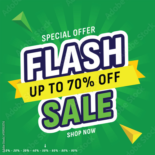 Flash Sale Shopping Poster or banner with Flash icon and 3D text on green background. Flash Sales 70% Off template design for social media and website. Special Offer Grand Sale campaign or promotion
