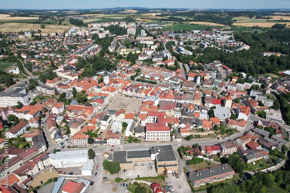 Obraz premium Pelhrimov town Aerial panoram showcasing its historical center and square, surrounded by scenic Czech countryside,Vysocina region 
