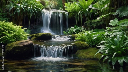 Tranquil Serenity in Nature: A Captivating Cascade of Waterfalls Surrounded by Lush Green Foliage in a Peaceful Tropical Jungle