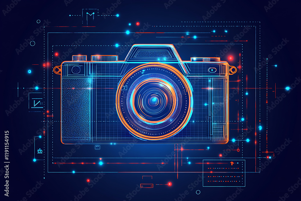 Glowing frame of a camera illustration with no logos or branding, on a transparent background, highlighted by a combination of blue and black data points, symbolizing digital photography technology. Glowing frame of a camera illustration with no logos or branding, on a transparent background, highlighted by a combination of blue and black data points, symbolizing digital photography technology.