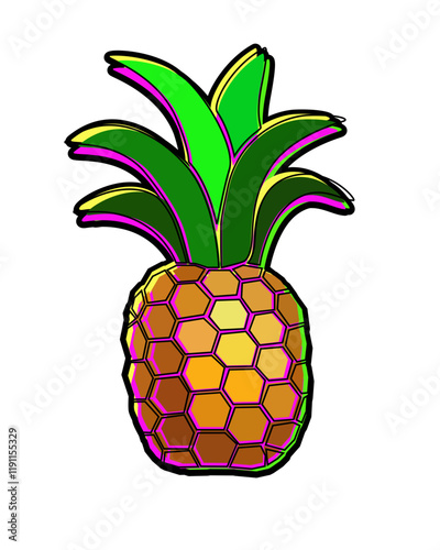 Pineapple - bright multi-colored tropical fruit - vector full color picture. Stylish shiny feshin pineapple for summer prints. Juicy sweet cool pineapple.	

