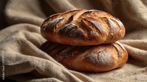 Freshly Baked Artisan Bread Loaves on a Rustic Cloth, Highlighting the Warmth and Comfort of Homemade Baking for Culinary photo