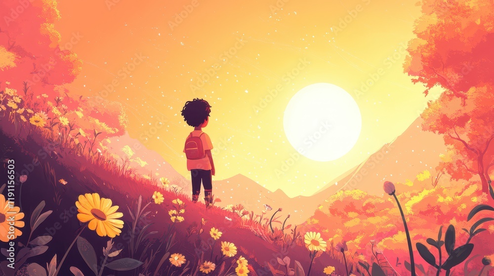 Child Backpack Hillside Sunset Peaceful Landscape Child Backpack Hillside Sunset Peaceful Landscape