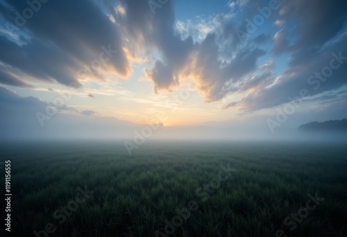 Misty field at sunrise with clouds and blue sky